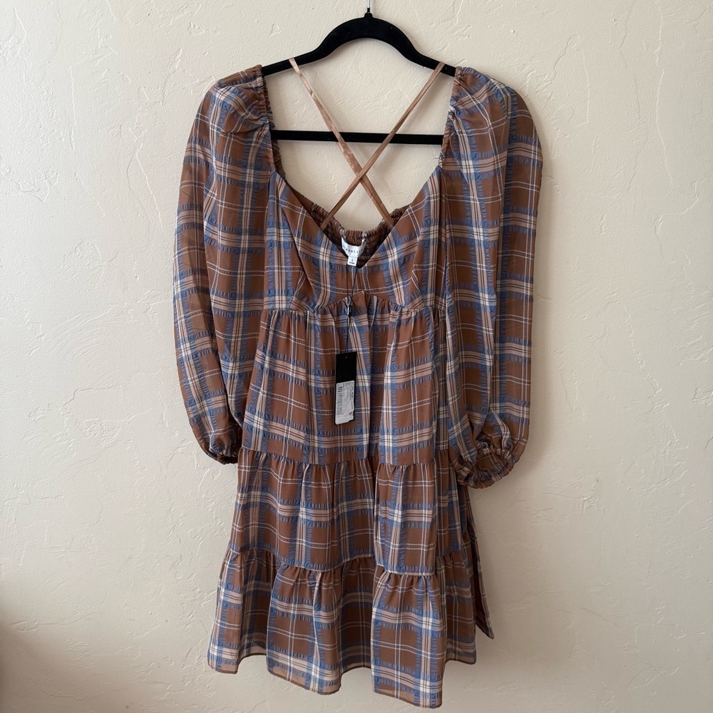 Brown Blue Plaid Babydoll Mini Dress Coquette Gianni Bini NWT S - Picture 9 of 9